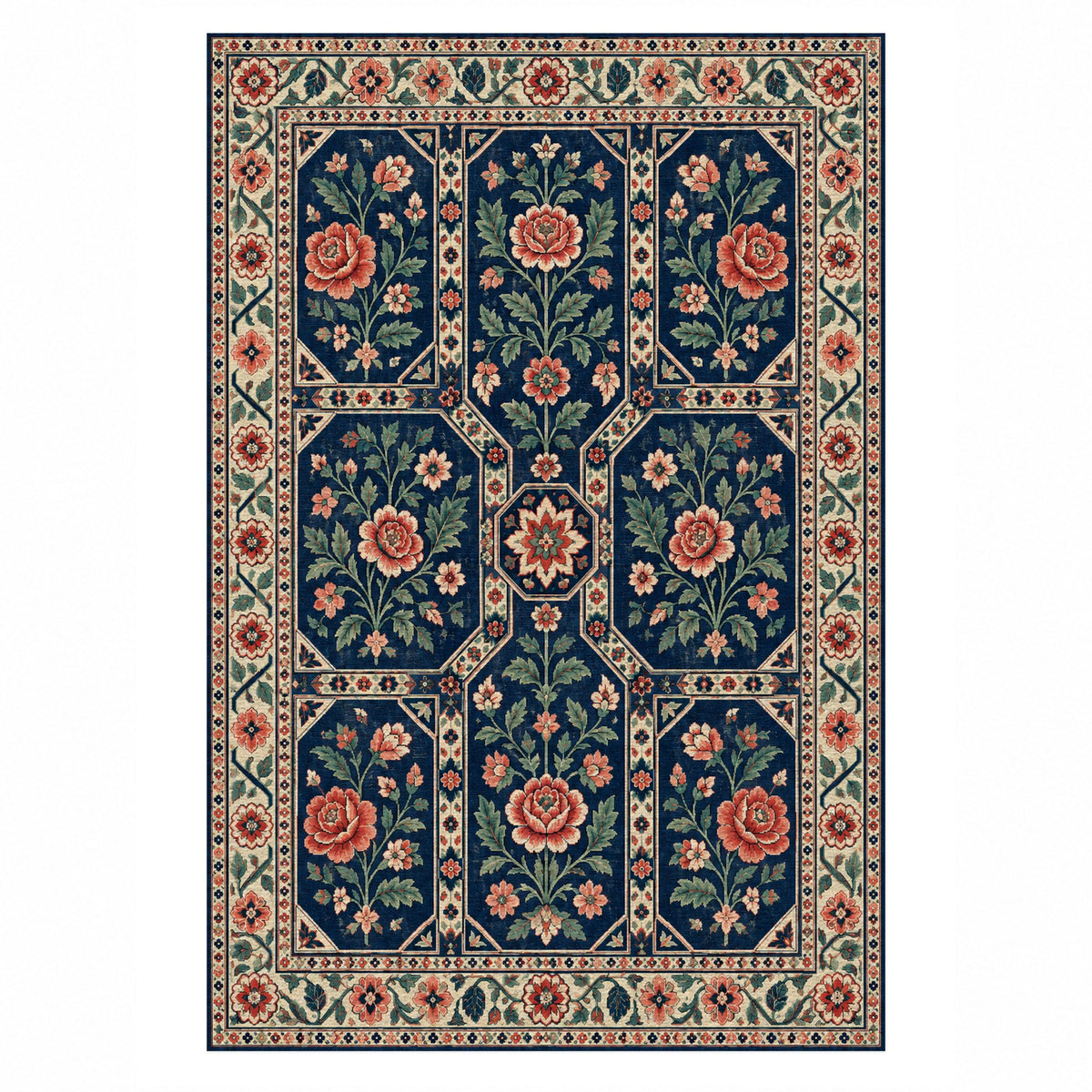 Botanical Panels Indigo Rose Ethnic Washable Rug — top view