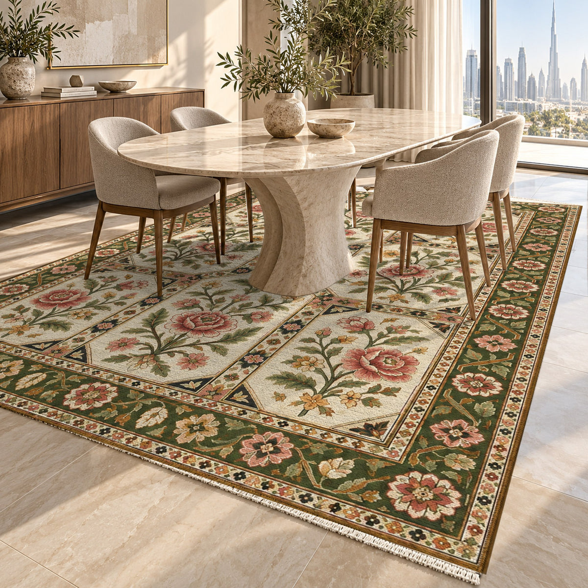 Botanical Panels Ivory Olive Ethnic Washable Rug — dubai dining