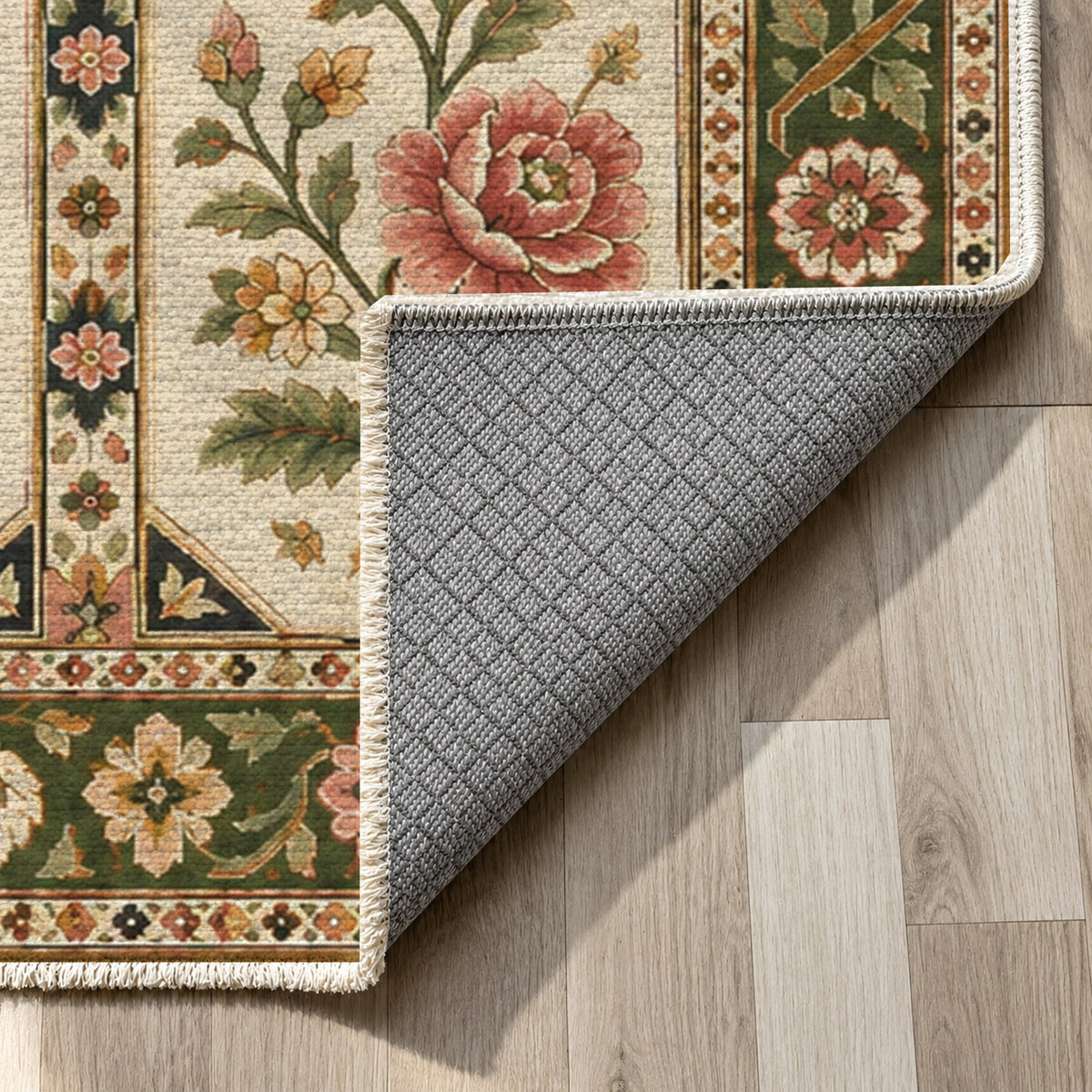 Botanical Panels Ivory Olive Ethnic Washable Rug — backing close up