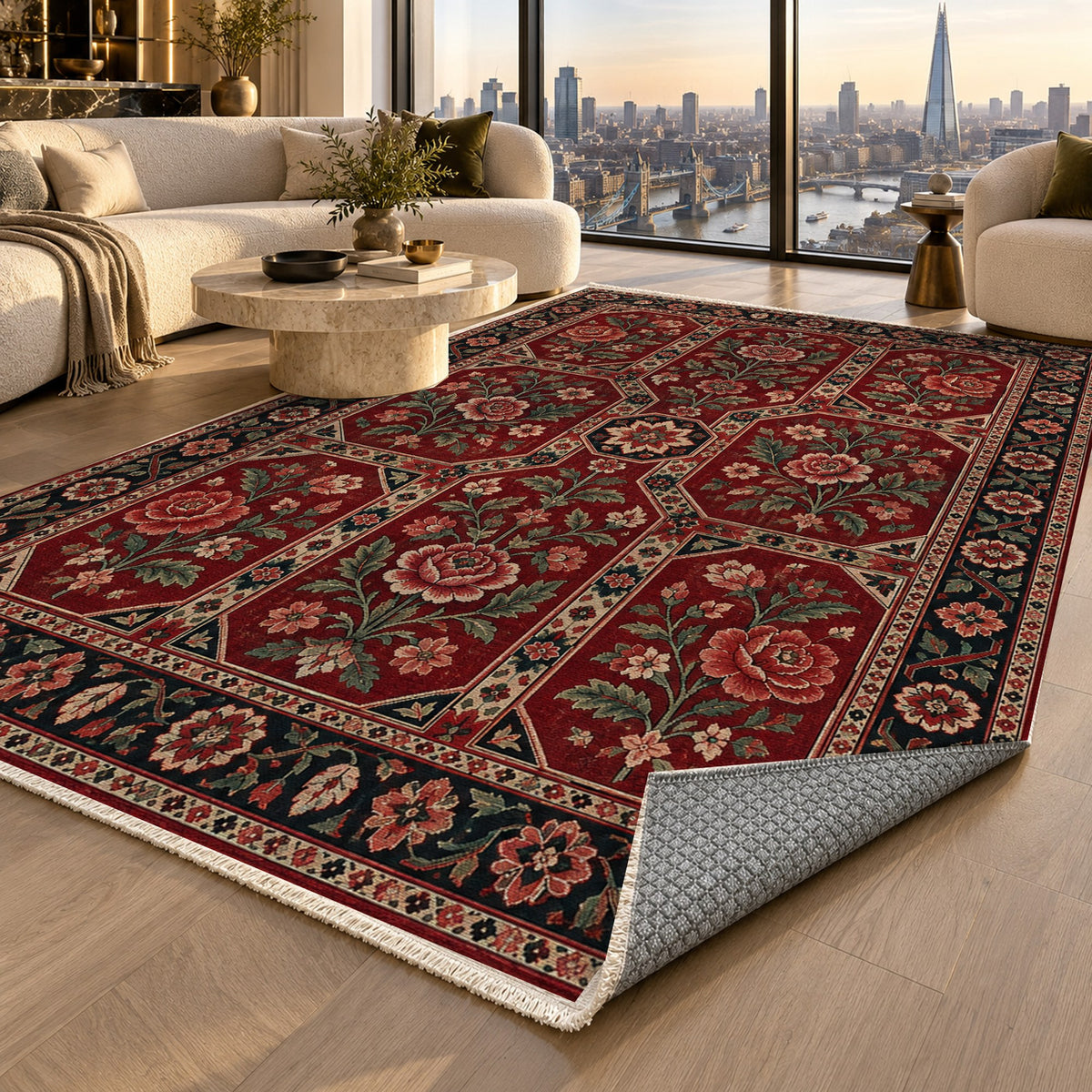 Botanical Panels Ruby Midnight Ethnic Washable Rug — london luxury living