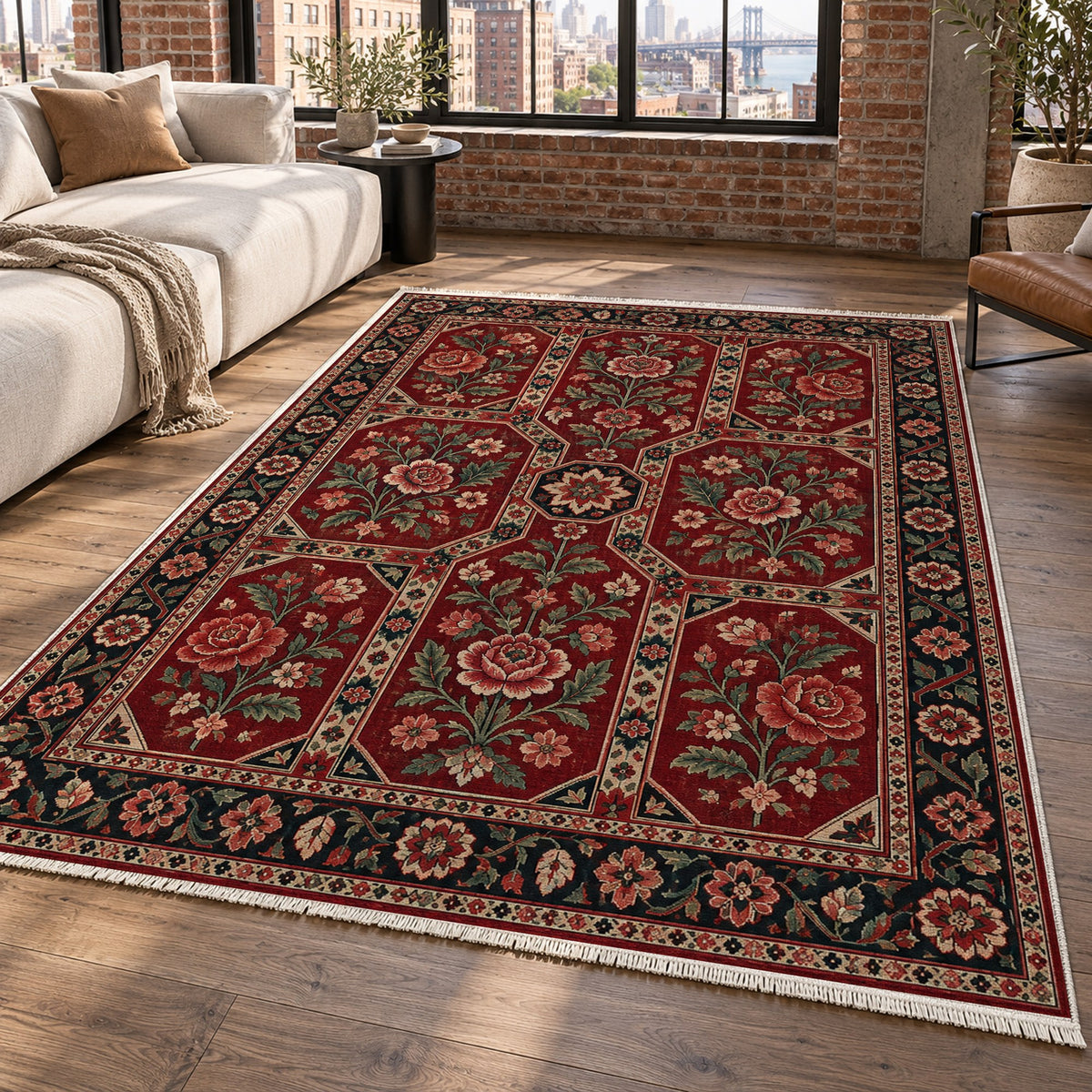 Botanical Panels Ruby Midnight Ethnic Washable Rug — new york living
