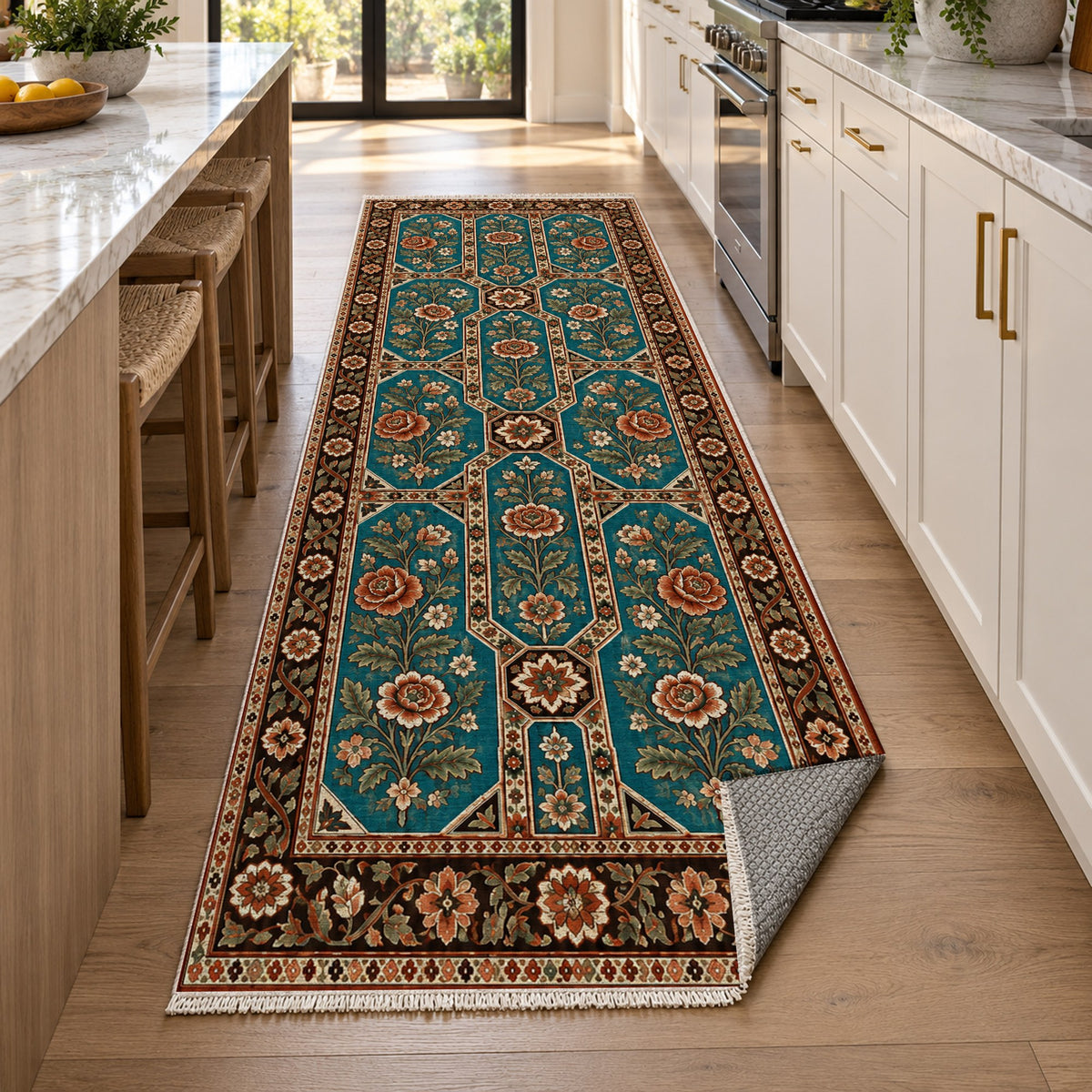 Botanical Panels Turquoise Copper Ethnic Washable Rug — new york kitchen runner