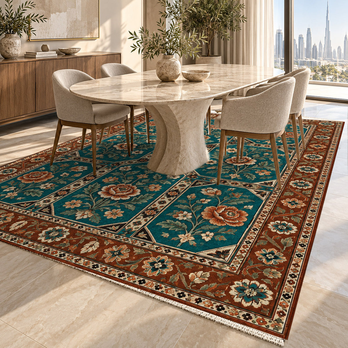 Botanical Panels Turquoise Copper Ethnic Washable Rug — dubai dining