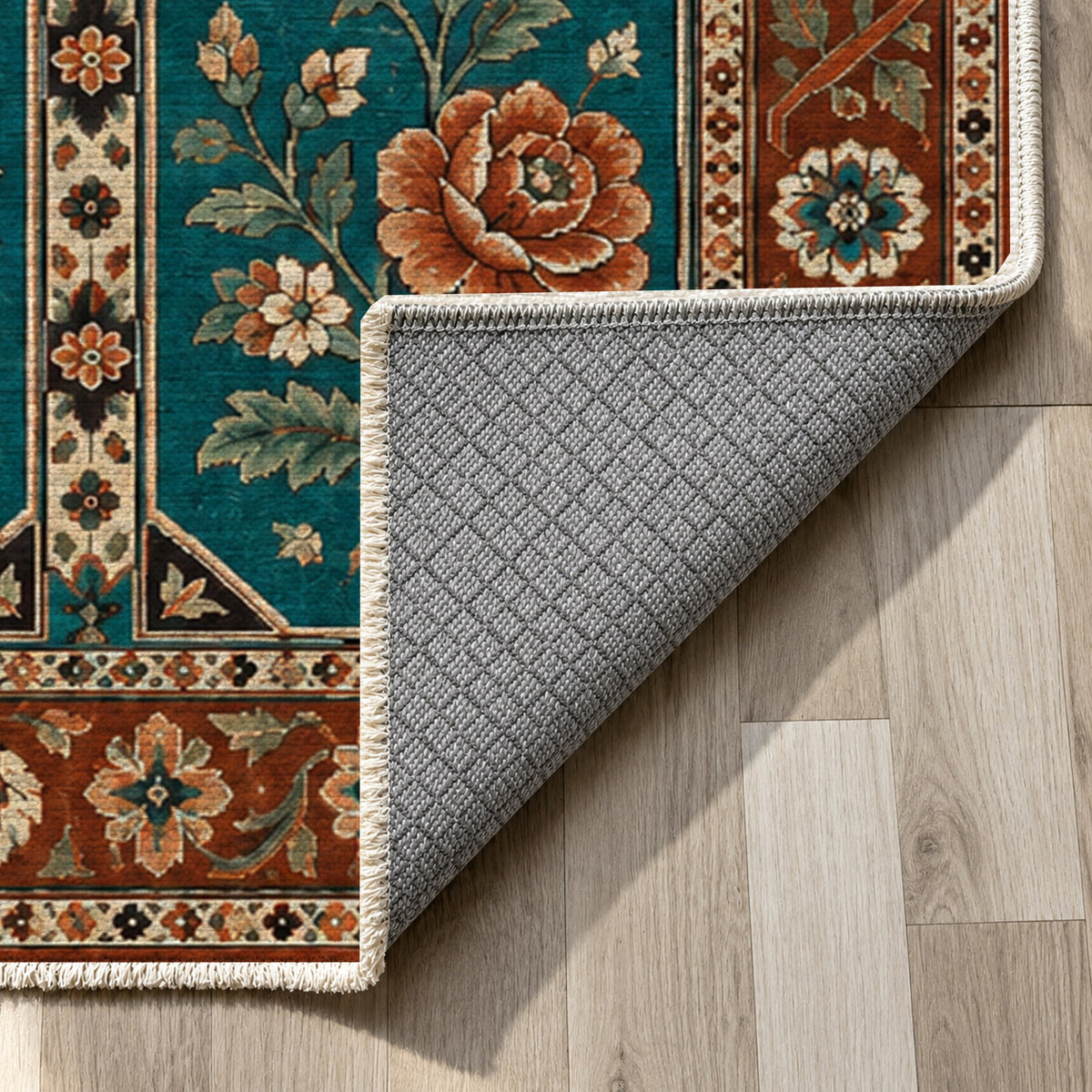 Botanical Panels Turquoise Copper Ethnic Washable Rug — backing close up