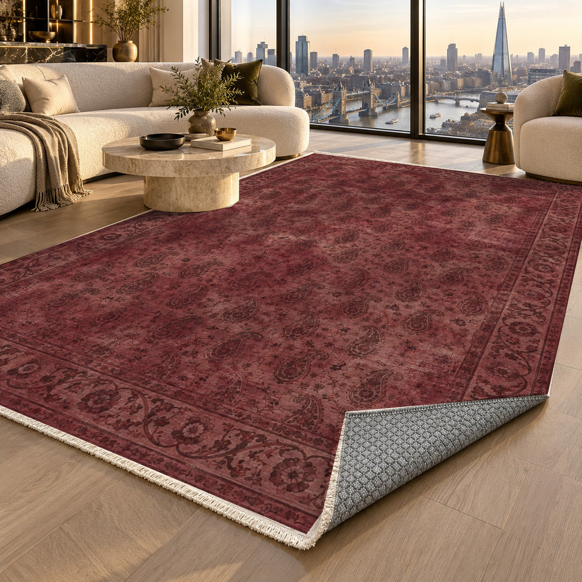 Boteh Wash Burgundy Red Vintage Washable Rug — london luxury living