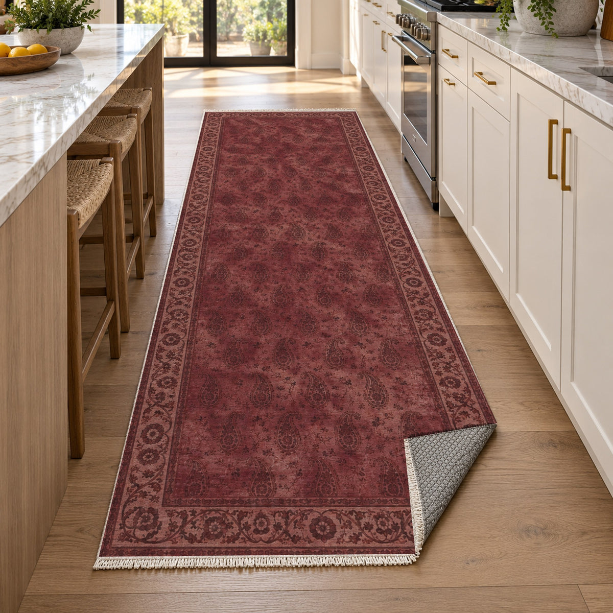 Boteh Wash Burgundy Red Vintage Washable Rug — new york kitchen runner