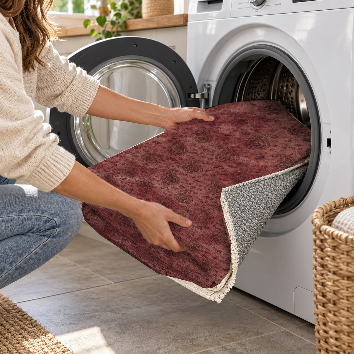 Boteh Wash Burgundy Red Vintage Washable Rug — washing machine