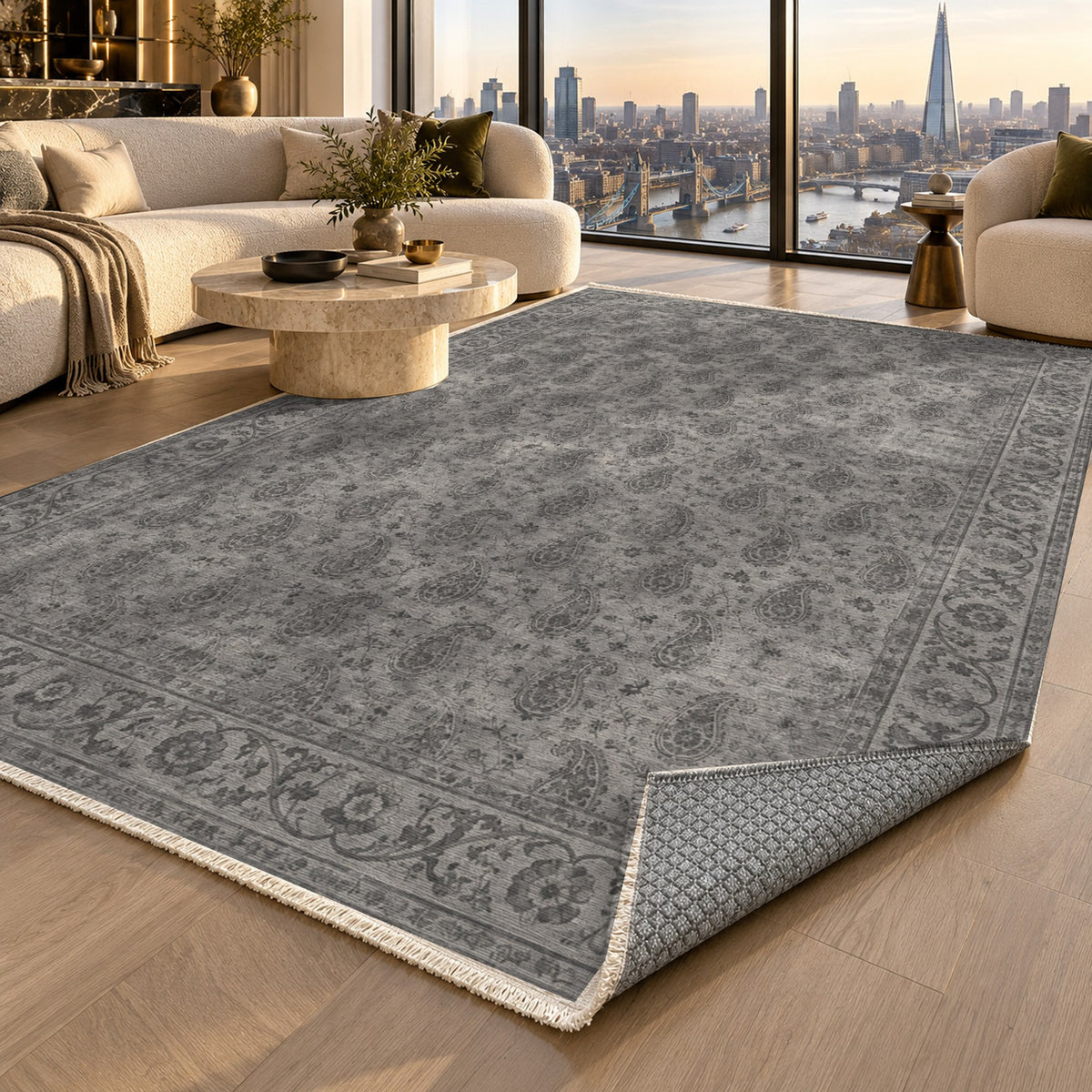 Boteh Wash Charcoal Silver Vintage Washable Rug — london luxury living
