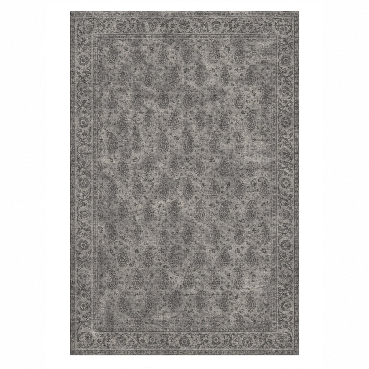 Boteh Wash Charcoal Silver Vintage Washable Rug — top view
