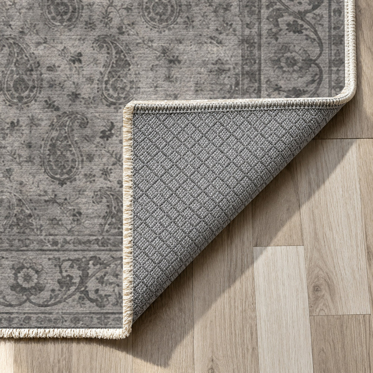 Boteh Wash Charcoal Silver Vintage Washable Rug — backing close up