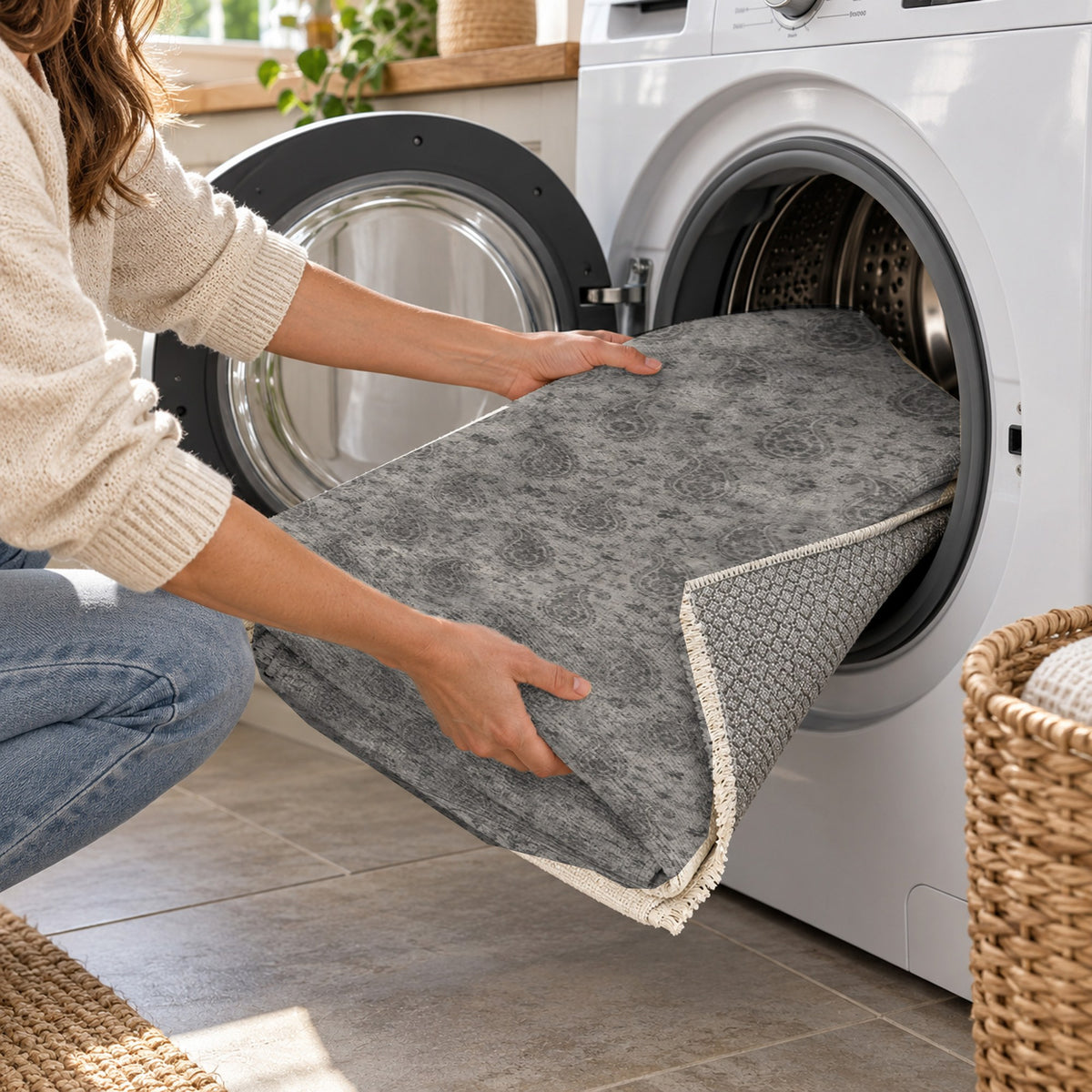 Boteh Wash Charcoal Silver Vintage Washable Rug — washing machine