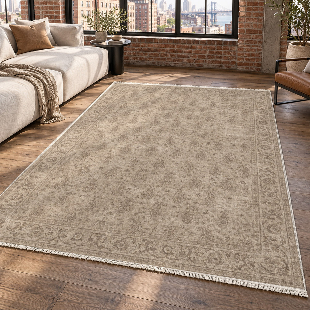 Boteh Wash Ivory Taupe Vintage Washable Rug — new york living
