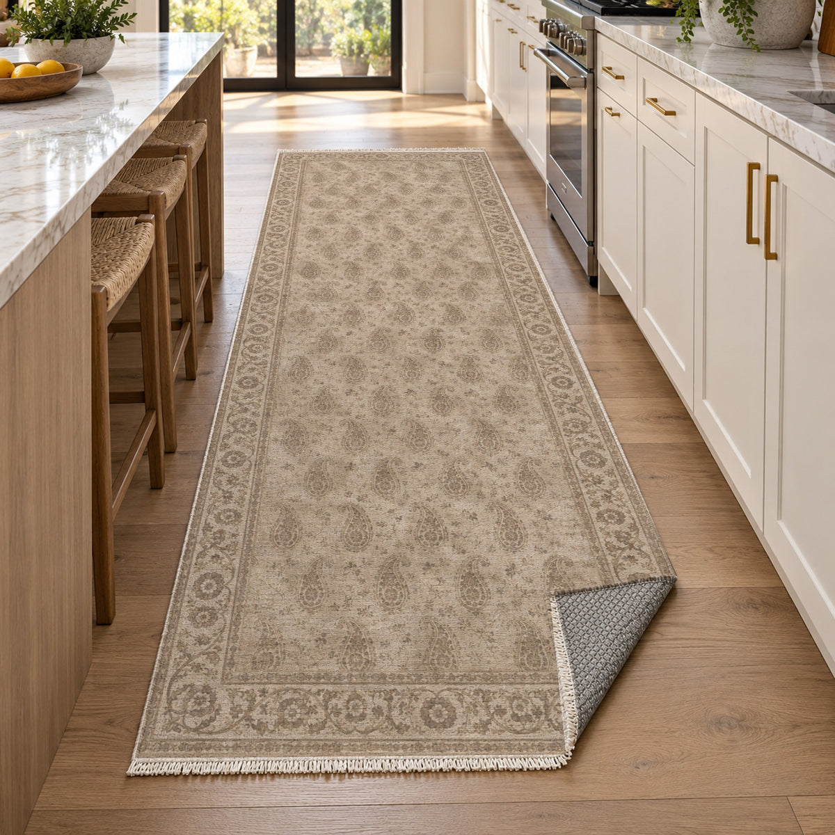 Boteh Wash Ivory Taupe Vintage Washable Rug — new york kitchen runner