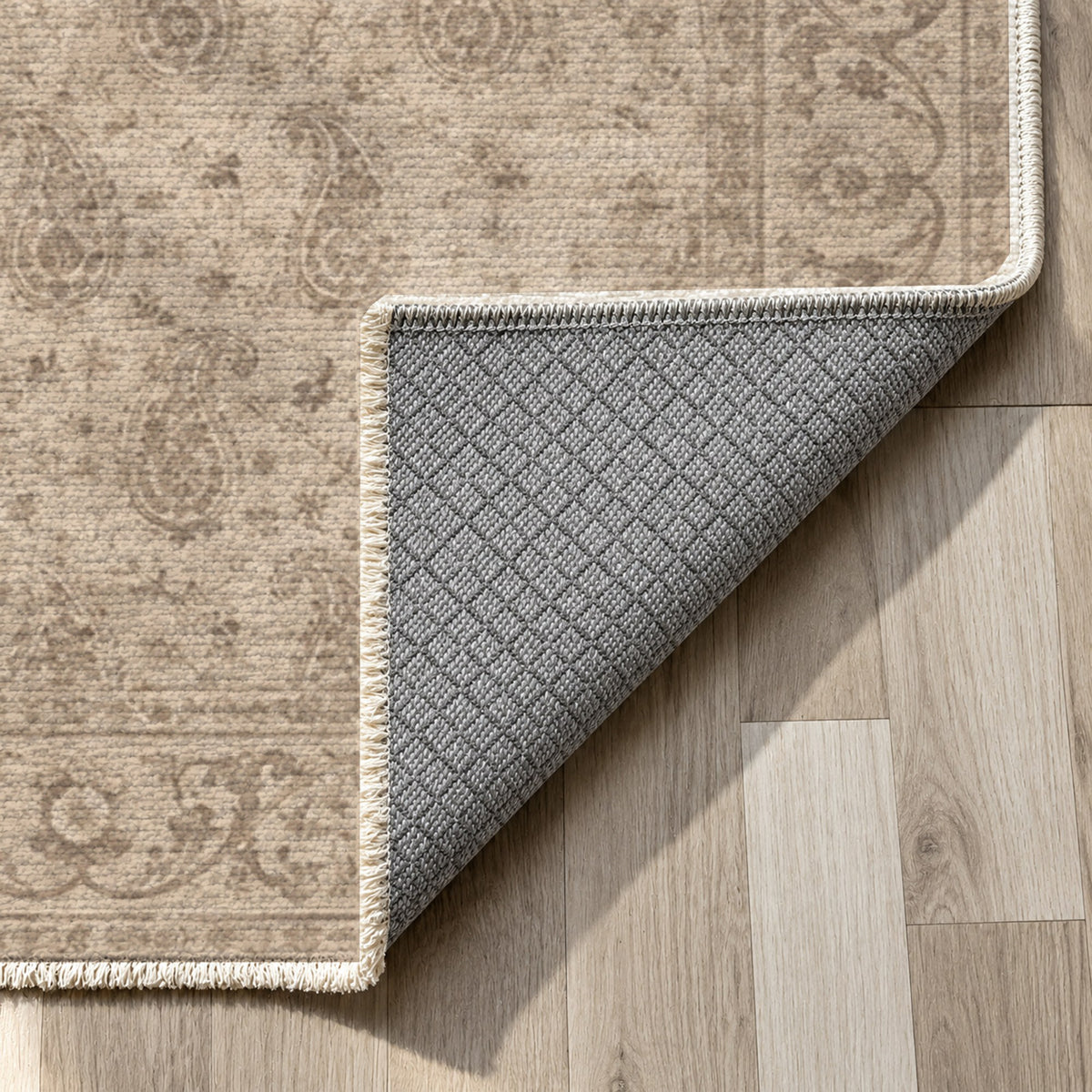 Boteh Wash Ivory Taupe Vintage Washable Rug — backing close up