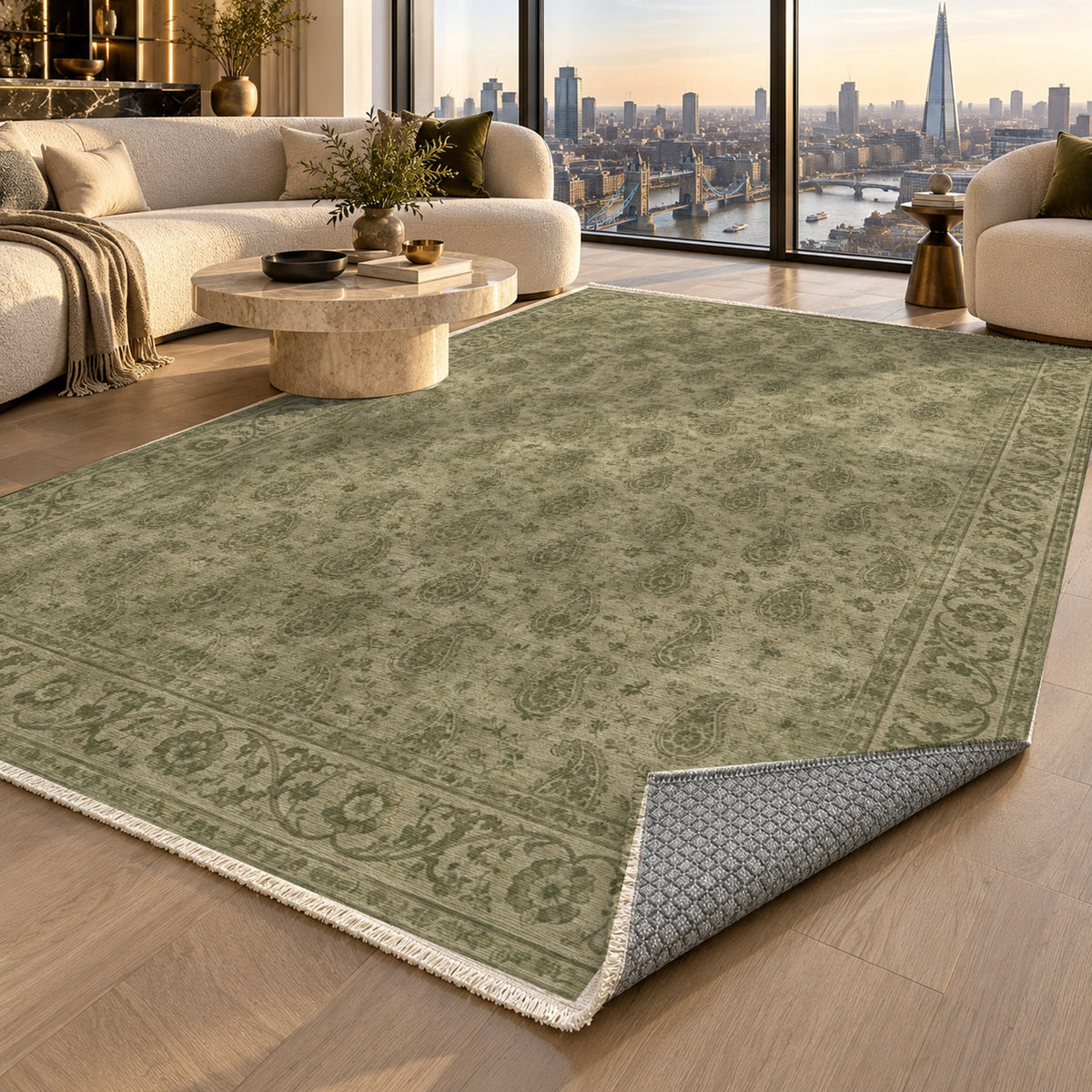 Boteh Wash Olive Green Vintage Washable Rug — london luxury living