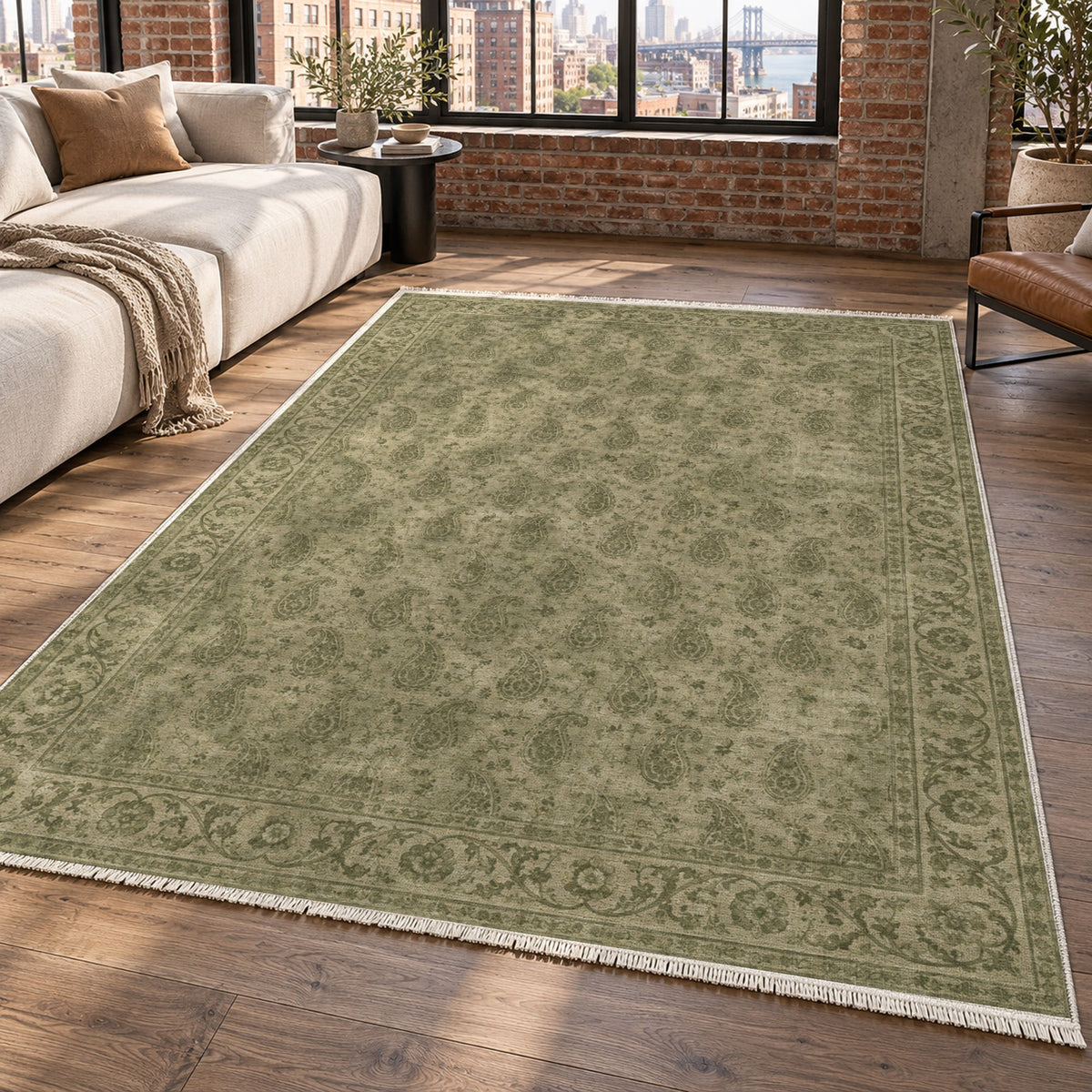 Boteh Wash Olive Green Vintage Washable Rug — new york living