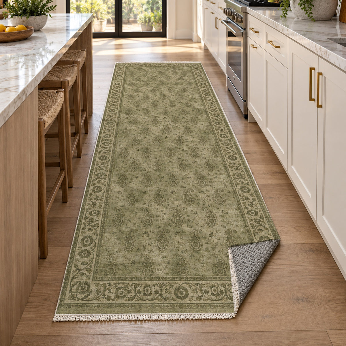 Boteh Wash Olive Green Vintage Washable Rug — new york kitchen runner