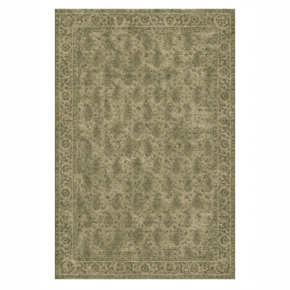 Boteh Wash Olive Green Vintage Washable Rug — top view