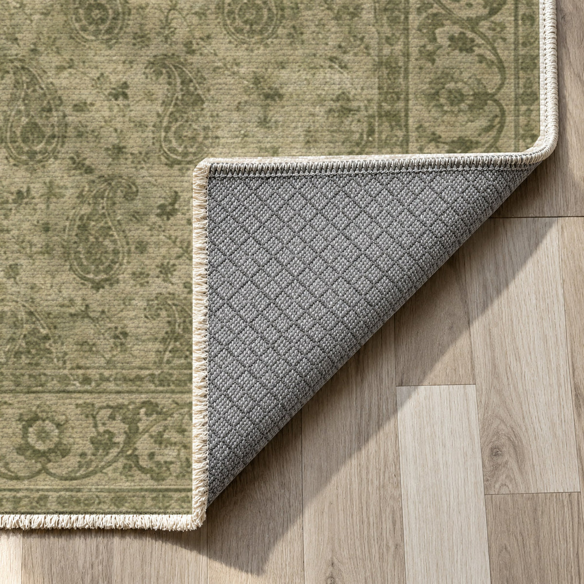 Boteh Wash Olive Green Vintage Washable Rug — backing close up
