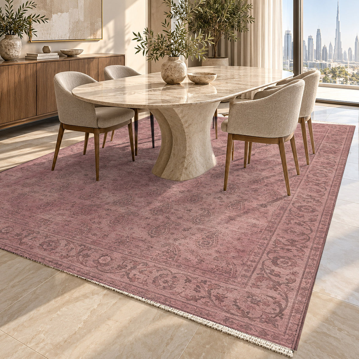 Boteh Wash Rose Pink Vintage Washable Rug — dubai dining