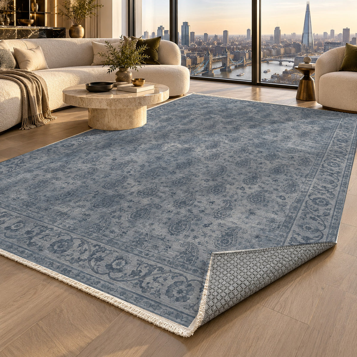 Boteh Wash Slate Blue Vintage Washable Rug — london luxury living