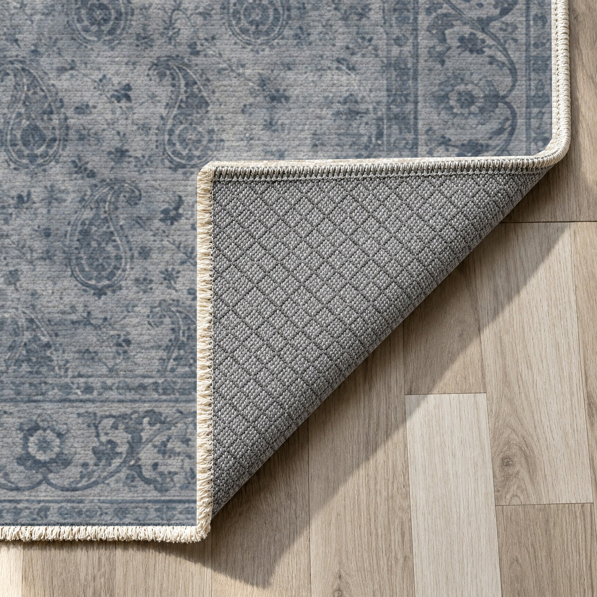 Boteh Wash Slate Blue Vintage Washable Rug — backing close up