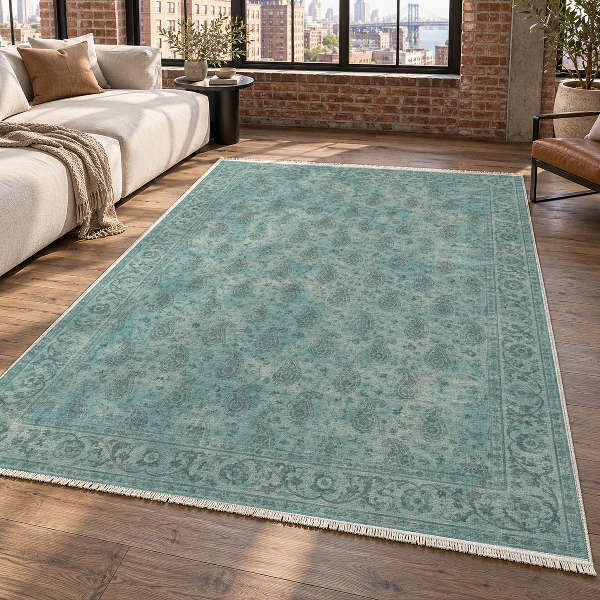 Boteh Wash Turquoise Blue Vintage Washable Rug — new york living