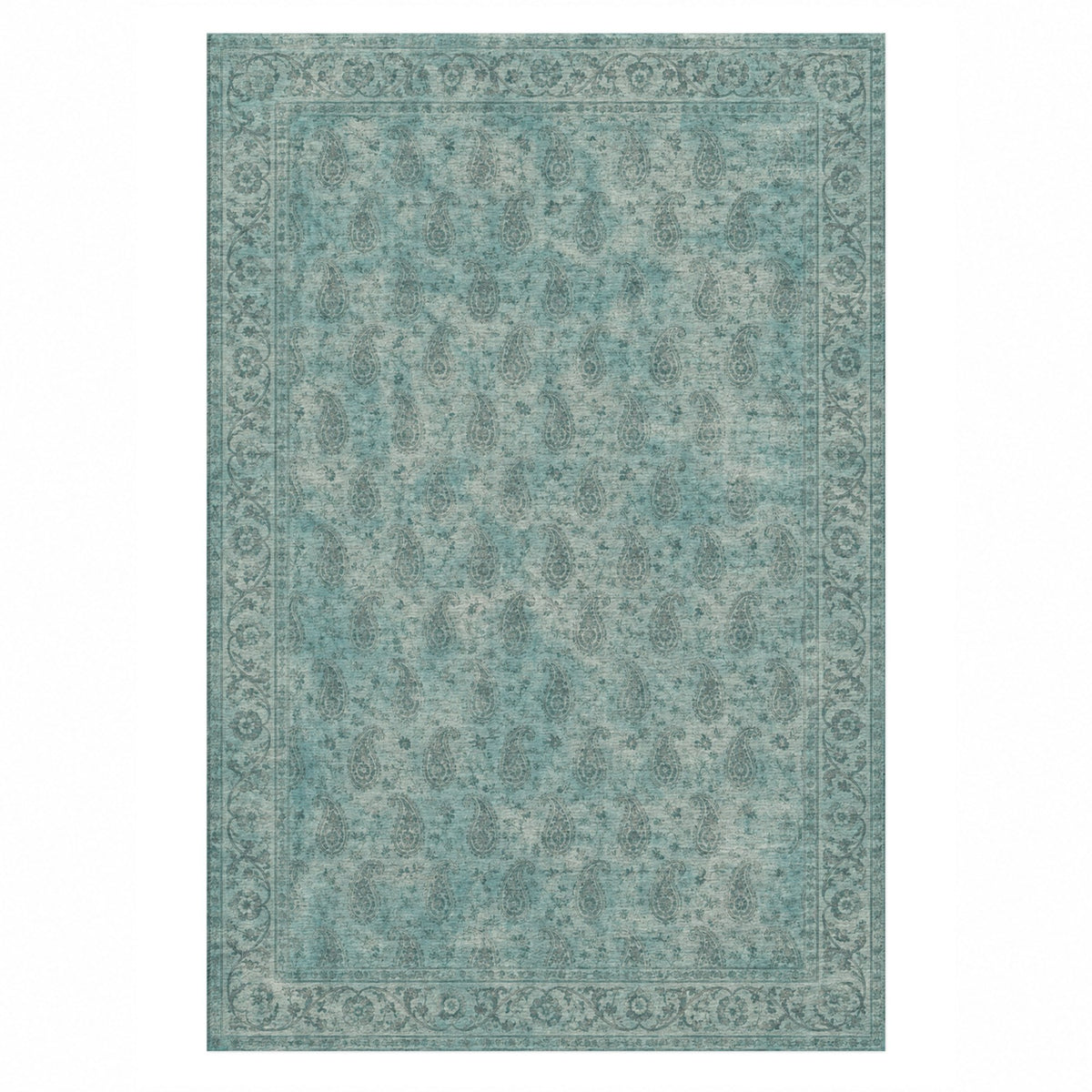 Boteh Wash Turquoise Blue Vintage Washable Rug — top view