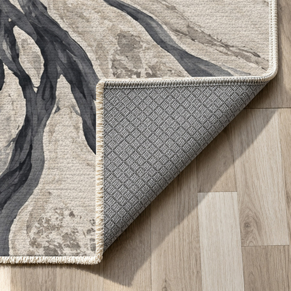 Braided Channels Charcoal Abstract Washable Rug — backing close up
