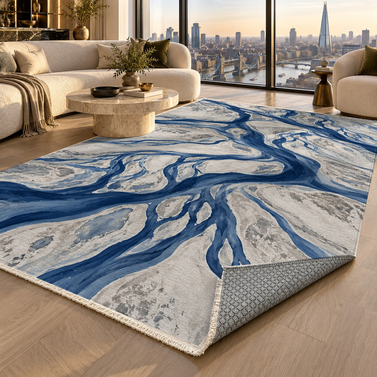 Braided Channels Indigo Abstract Washable Rug — london luxury living