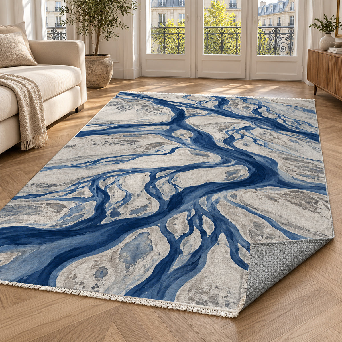 Braided Channels Indigo Abstract Washable Rug — paris living