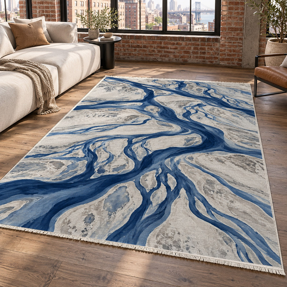 Braided Channels Indigo Abstract Washable Rug — new york living