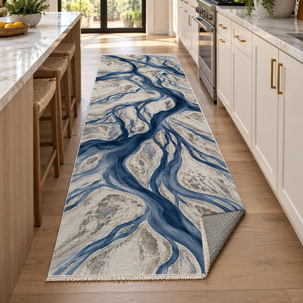 Braided Channels Indigo Abstract Washable Rug — new york kitchen runner