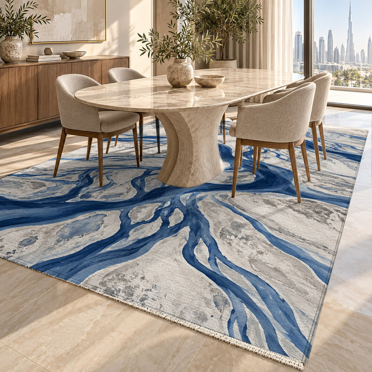 Braided Channels Indigo Abstract Washable Rug — dubai dining