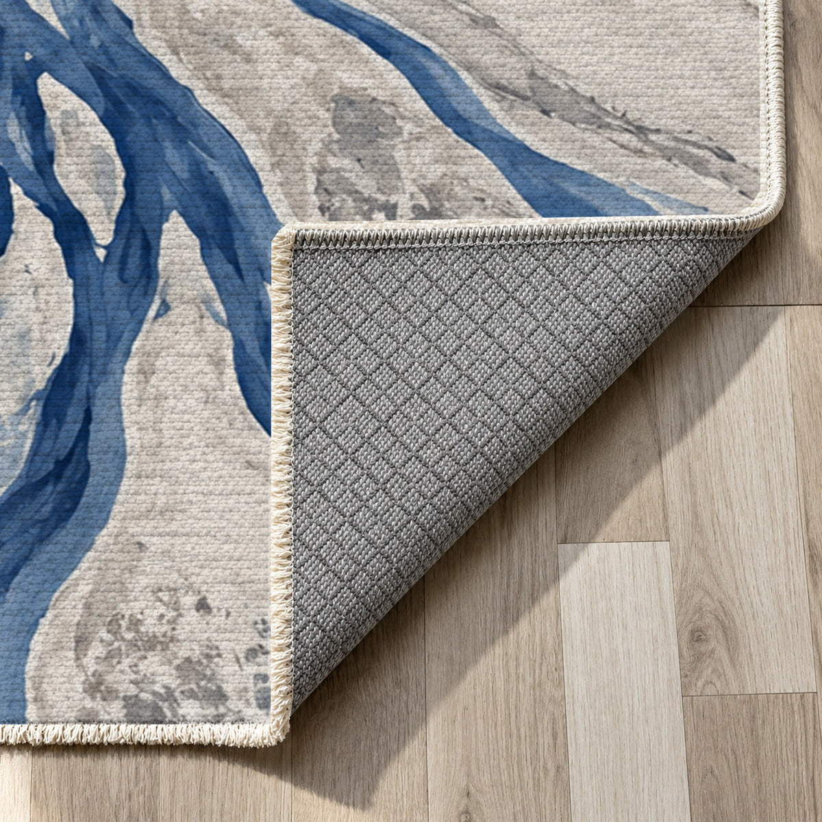 Braided Channels Indigo Abstract Washable Rug — backing close up