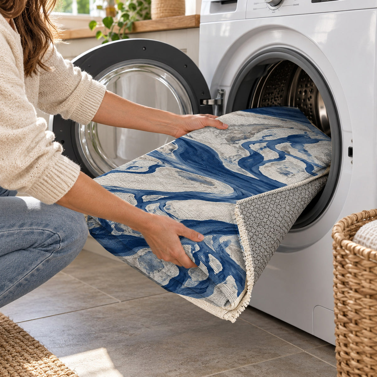 Braided Channels Indigo Abstract Washable Rug — washing machine