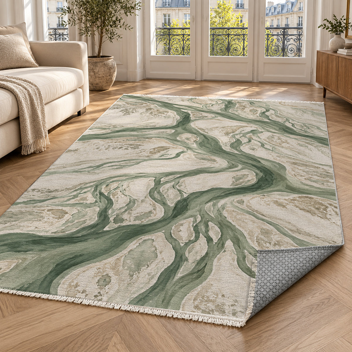 Braided Channels Sage Abstract Washable Rug — paris living