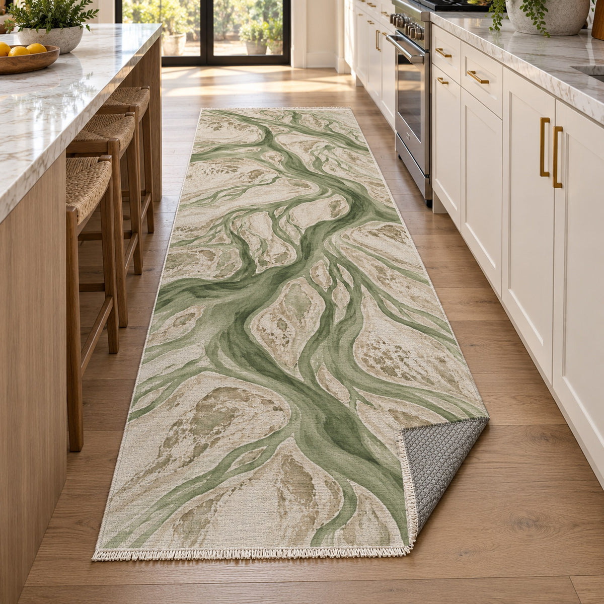 Braided Channels Sage Abstract Washable Rug — new york kitchen runner