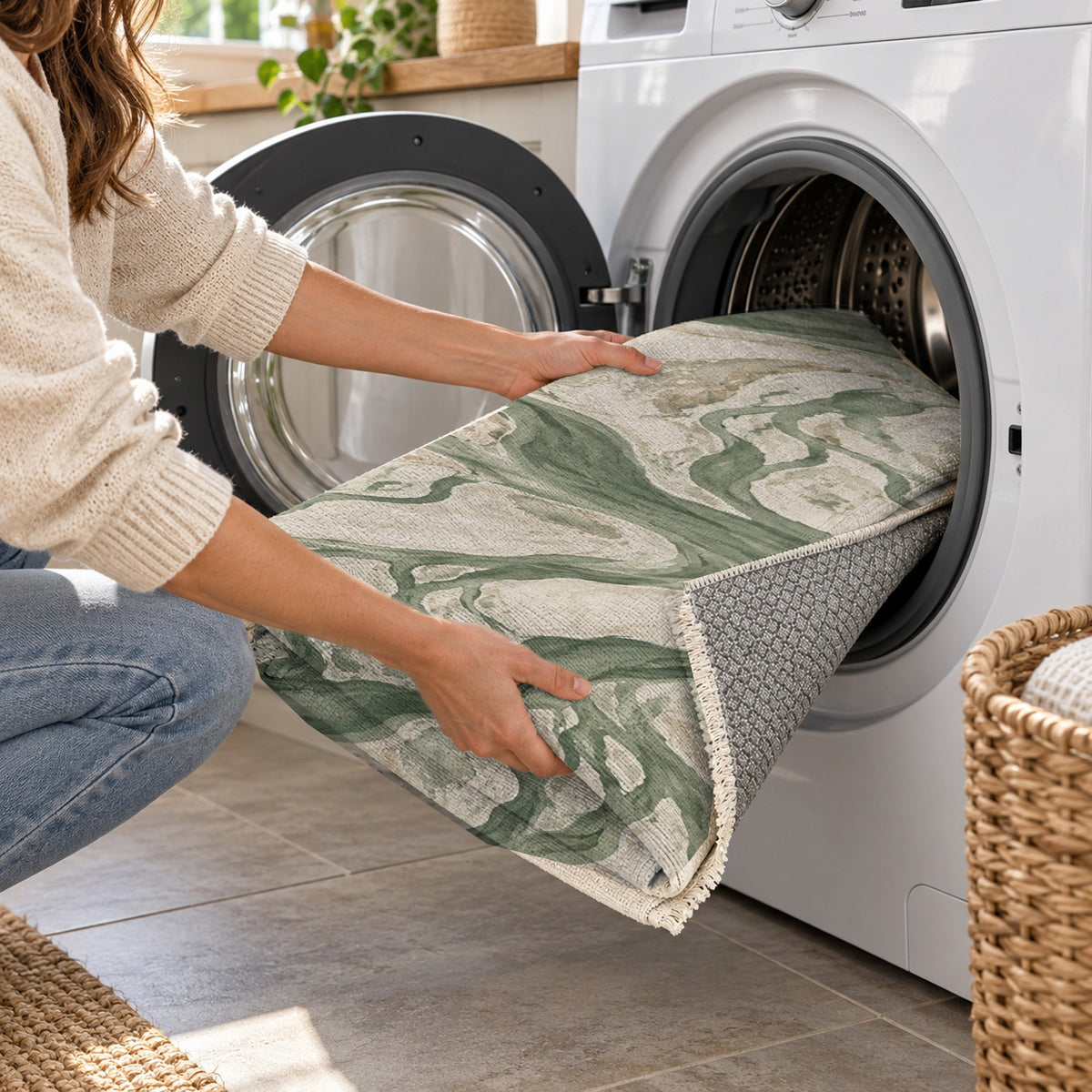 Braided Channels Sage Abstract Washable Rug — washing machine