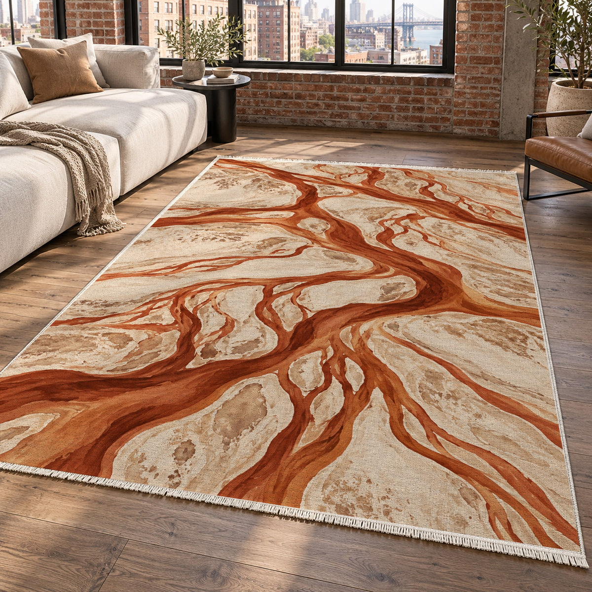 Braided Channels Terracotta Abstract Washable Rug — new york living