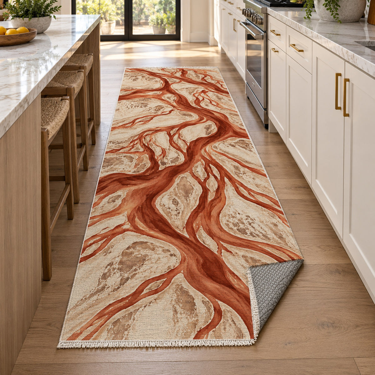 Braided Channels Terracotta Abstract Washable Rug — new york kitchen runner