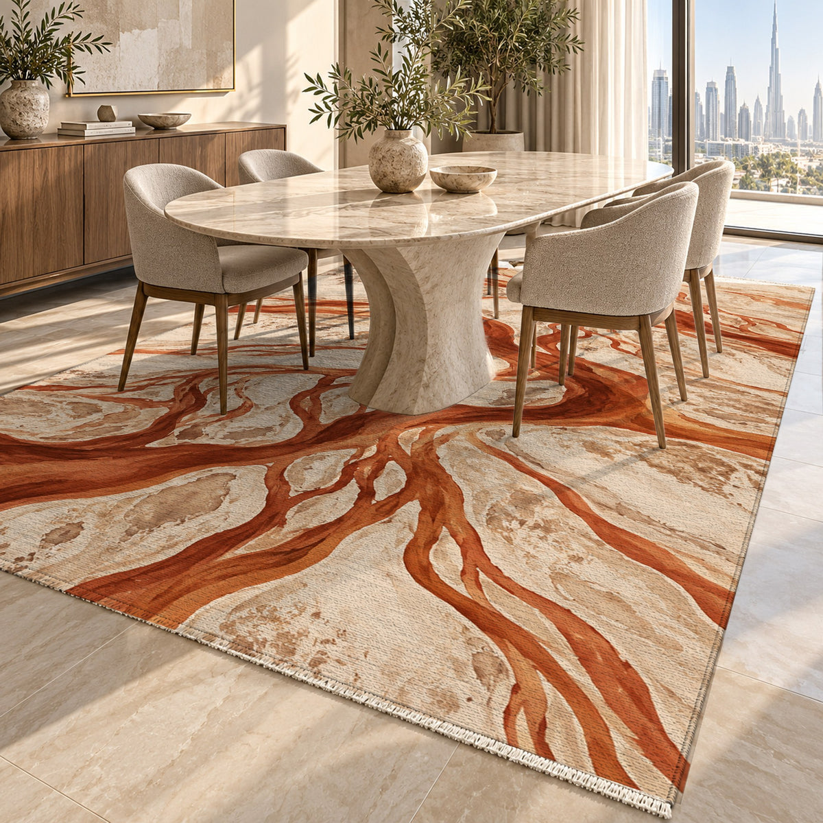 Braided Channels Terracotta Abstract Washable Rug — dubai dining