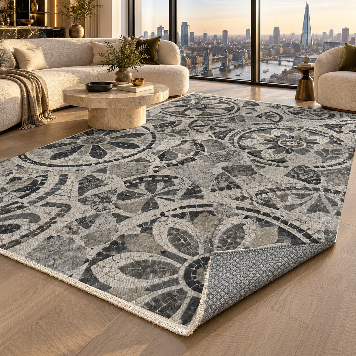 Broken Rosettes Charcoal Geometric Washable Rug — london luxury living