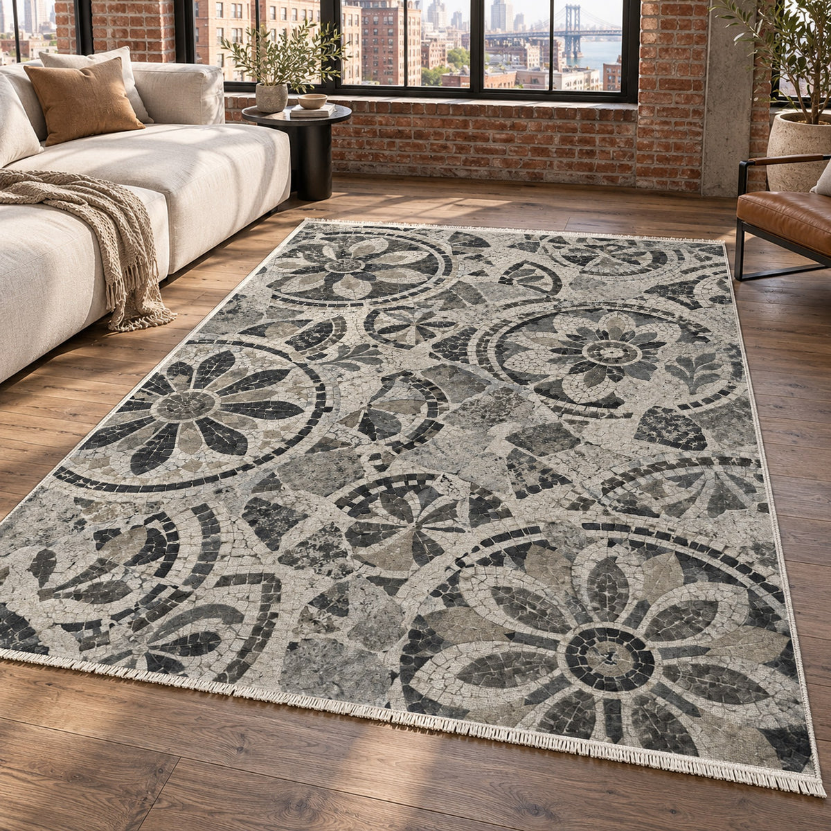 Broken Rosettes Charcoal Geometric Washable Rug — new york living