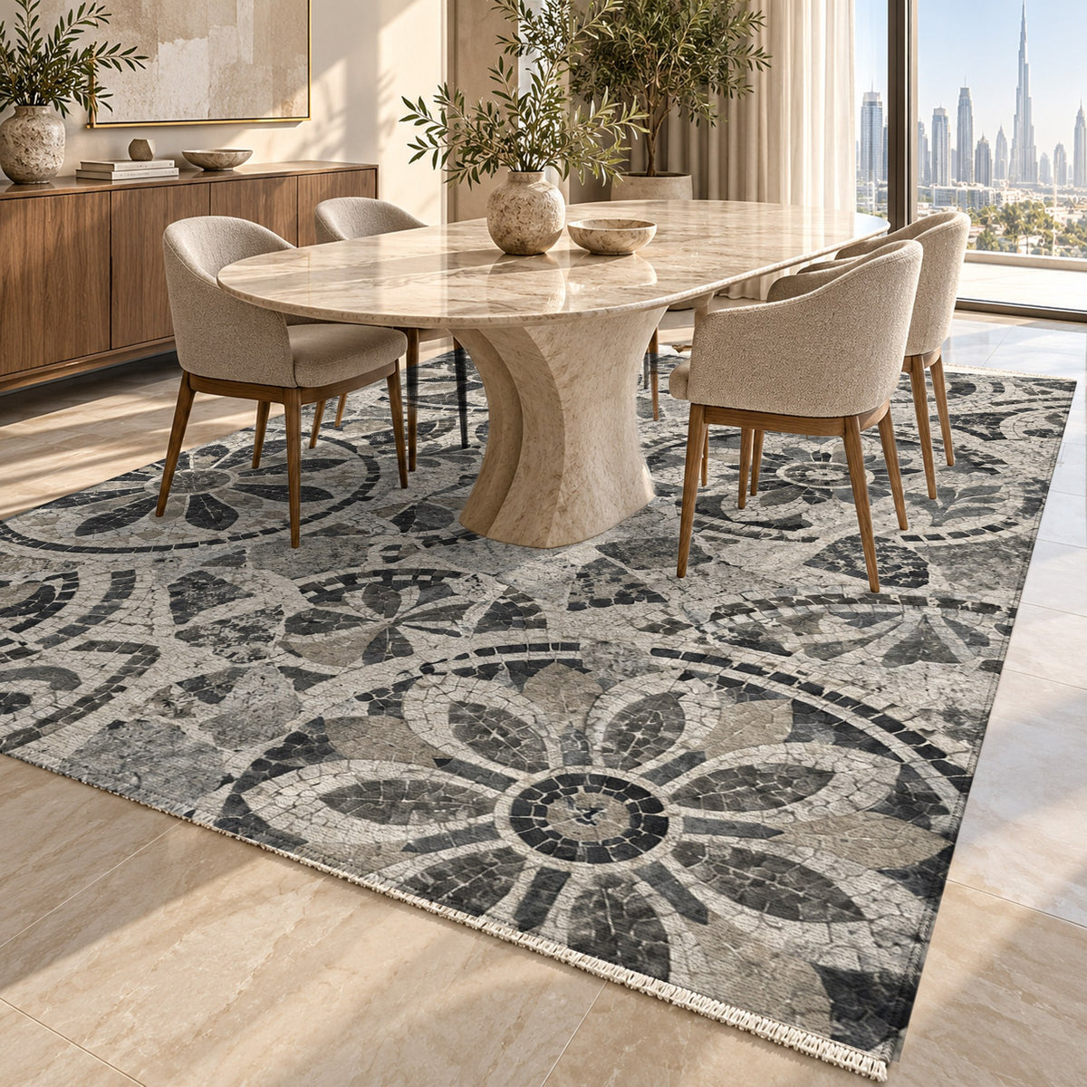 Broken Rosettes Charcoal Geometric Washable Rug — dubai dining
