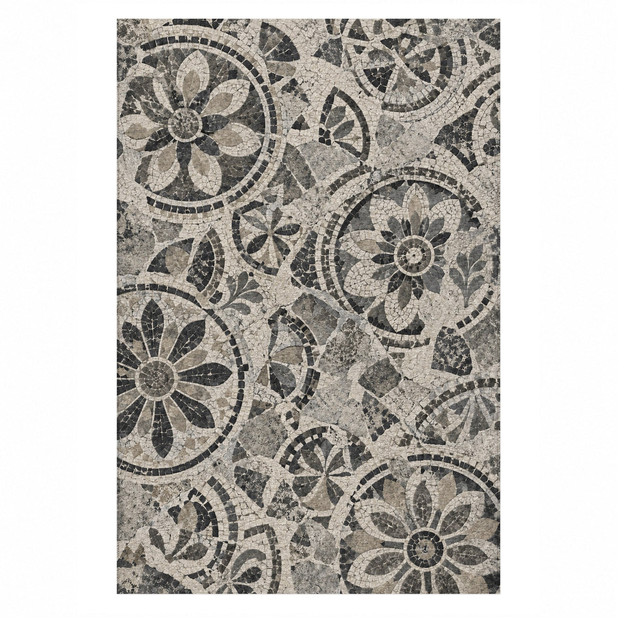Broken Rosettes Charcoal Geometric Washable Rug — top view