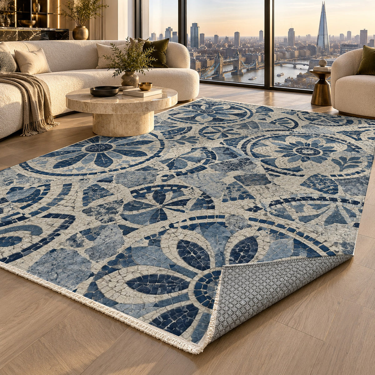 Broken Rosettes Indigo Geometric Washable Rug — london luxury living