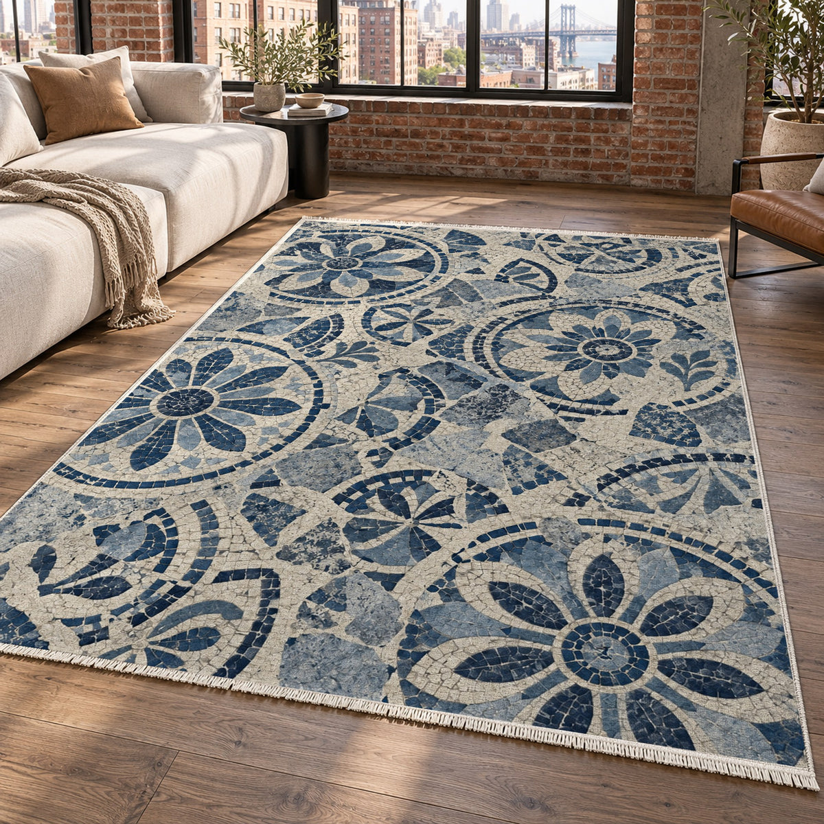 Broken Rosettes Indigo Geometric Washable Rug — new york living