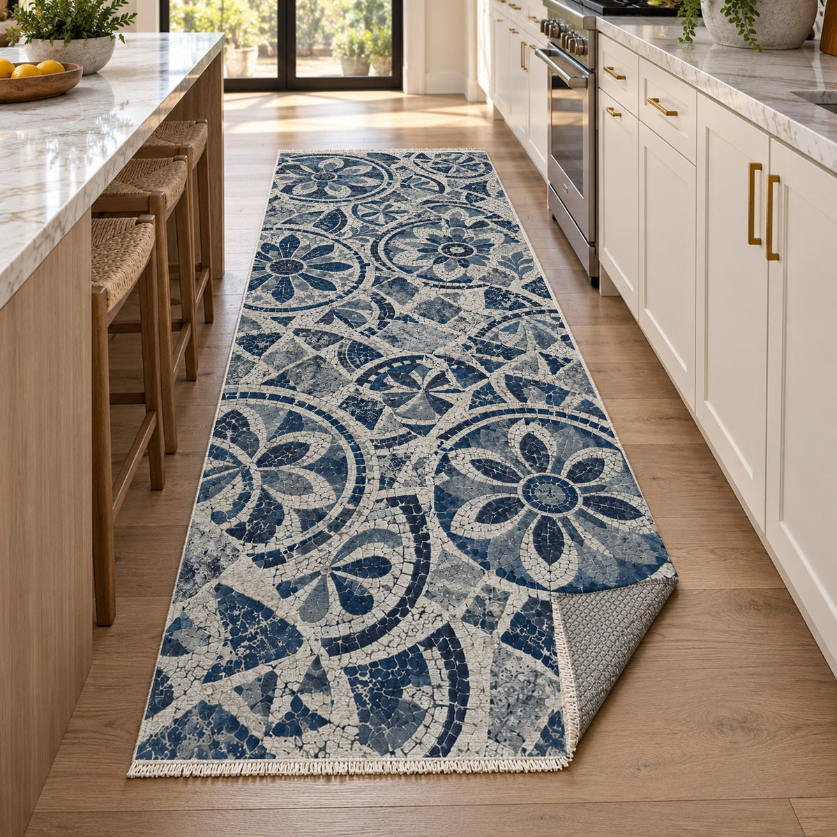 Broken Rosettes Indigo Geometric Washable Rug — new york kitchen runner