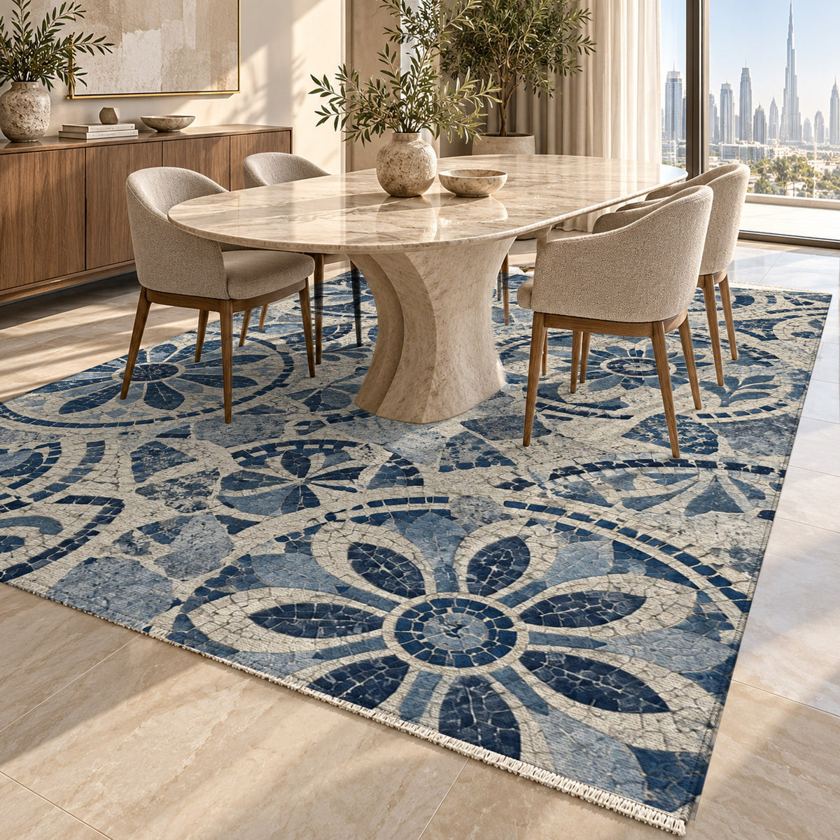 Broken Rosettes Indigo Geometric Washable Rug — dubai dining